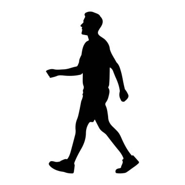 Profilde bir adamın siyah silueti bembeyaz bir arkaplanda soldan sağa doğru yürürken resmedilir. O, şort ve ayaklarında spor ayakkabıları olan bir tişört giyiyor. Kolları hareket halinde, hareketli bir hıza işaret ediyor. Görüntü temiz.