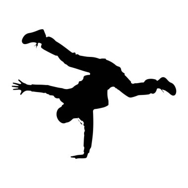 Breakdance hareketi yapan siyah bir siluet. Şekil, bir elinde bacakları zıt yönlere doğru açılmış, dinamik ve akrobatik bir duruş sergiliyor. Siluet düz beyaz bir arkaplan üzerinde durmaktadır.
