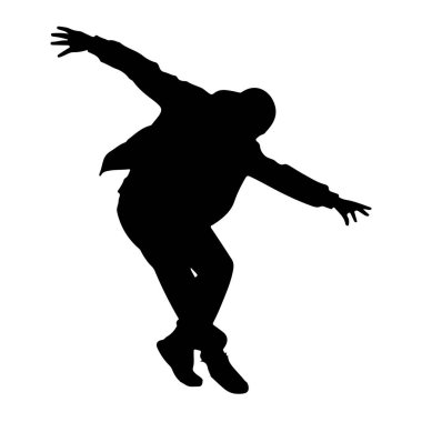 Dans ederken çekilen siyah bir siluet beyaz bir arkaplana karşı. Şekil, kolları açık ve bacakları bükülmüş dinamik bir duruşta, enerjik hareket ve atletizmi işaret ediyor. Siluet sıvı çizgilerini vurguluyor.
