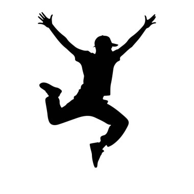 Havada duran, dinamik bir zıplama pozisyonunda yakalanmış siyah bir siluet. Bu figür, tişört, pantolon ve beysbol şapkası da dahil olmak üzere günlük giysiler giyiyor. Kolları yukarı ve dışarı kaldırılır, elleri açıktır, bir şeyler hissetmelerini sağlar.