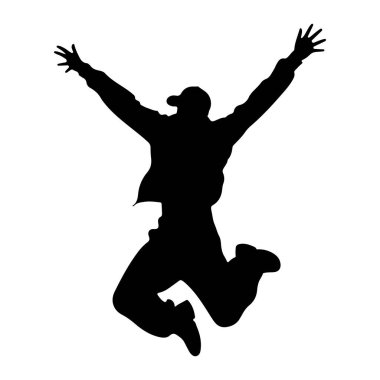 Siyah bir siluet, beyaz bir arka plana atlarken yakalanmış. Bireyin kolları yükselir ve geniş bir alana yayılır, bir neşe ve özgürlük hissi taşır. Günlük kıyafetler giyiyorlar, kep ve bacakları da dahil.