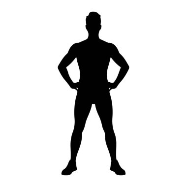 Siyah bir insan silueti elleri kalçasının üzerinde durur. Bacakları hafifçe ayrık, kolları dirseklerinde bükülmüş, elleri belinde duran figür öne bakıyor. Siluet, düz beyaz bir arkaplana karşı simsiyah, kreat