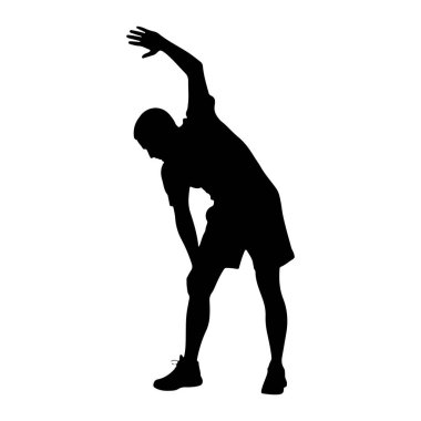 Siyah bir siluet göğüsten aşağıya doğru uzanıyor ve vücudunu geriyor. Şort ve spor ayakkabısı giyiyor. Sol kolları kafalarının üstünde ve vücutları yana doğru bükülmüş. Sağ el sağda duruyor.