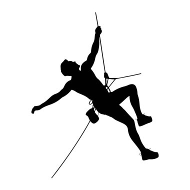 Kaya tırmanışına ait siyah bir siluet beyaz arka planda resmedilir. Tırmanışçı, bir kolu yukarı, diğeri yana doğru uzanmış şekilde yükselişin ortasında gösteriliyor. Koşum takımı ve ayakkabı giyiyorlar ve halat görünür durumda.