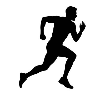 Düz beyaz bir arka planda, orta basamakta koşan siyah bir erkek silueti. Koşucu profil ile tasvir edilir, bir bacağı öne doğru uzanır ve diğeri arkaya eğilir. Kolları koşmak için pozisyonda, biri dirseğinde ve diğerinde bükülmüş.