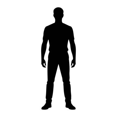 Beyaz arka planda duran bir adamın tüm vücut silueti. Şekil tamamen siyah, tişört, pantolon ve ayakkabı giyen birinin dış hatlarını gösteriyor. Poz tarafsız, kollar yanlara ve bacaklar hafifçe açık..