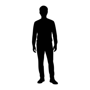 Bir adamın siyah silueti, düz beyaz bir arkaplana karşı durduğu tasvir edilir. Şekil tepeden tırnağa, kafasının, gövdesinin, kollarının, bacaklarının ve ayaklarının çizgileriyle gösterilir. Uzun kollu gömlek ve t-shirt de dahil olmak üzere günlük giysiler giyiyor.
