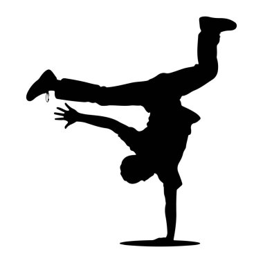 Bir elinde bacakları yukarı ve dışarı doğru uzanmış bir şekilde dengede duran, break dans yapan siyah bir siluet. Şekil, dinamik duruşu ve silonun temiz çizgilerini vurgulayan düz beyaz bir arkaplanda tasvir edilir.