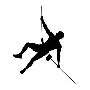 Dikey bir yüzeye tırmanan siyah bir siluet. Dağcı bir iple asılıyor ve bir sonraki tutunma noktasına ulaşıyor. Üzerlerinde şort ve tebeşir torbası olan bir koşum takımı var. Görüntü açık ve net, vurgulu.