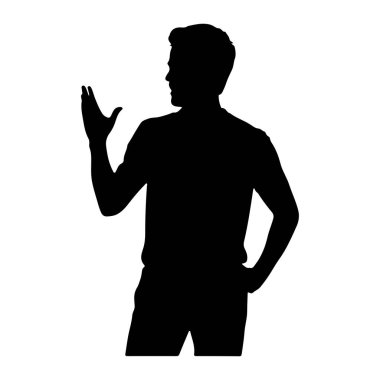 Bir adamın siyah silueti göğüsten yukarı, profilden sola doğru resmedilmiş. Sağ kolu dirseğini kaldırır ve dirseğini büker, elleri açıktır ve parmakları hareket eder ya da bir şey açıklarmış gibi açılır. Sol eli kalçasına yerleştirilmiş. O öldü.