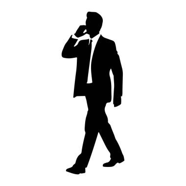 Takım elbiseli ve kravatlı bir adamın siyah bir silueti, yürürken ve kulağına bir telefon tutarken, bir sohbete katılırken resmedilir. Şekil, düz beyaz bir arkaplanda izole edilmiştir..