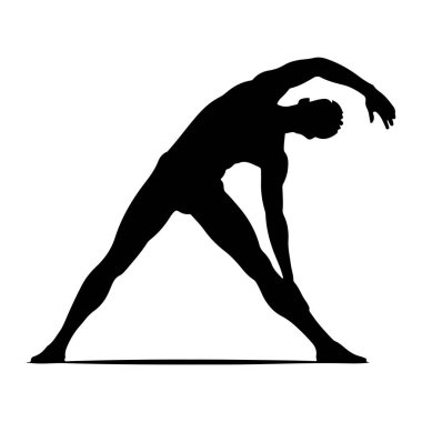 Bir adamın siyah silueti dinamik esneme pozuyla bembeyaz bir zemine karşı tasvir edilir. Vücudu geniş bir duruşla bükülmüş, bir bacağı öne doğru, diğeri de dizine doğru eğilmiş. Gövdesi açılı ve bir kolu rai.