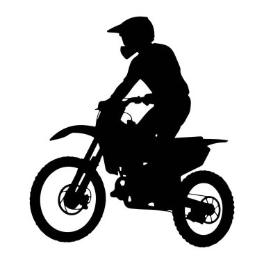 Kask ve gözlük takan, motokros motosikleti süren siyah bir siluet. Sürücü profilde, sola bakıyor, motosikletin tekerlekleri ve çerçevesi net bir şekilde tanımlanmış. Arkaplan bembeyaz, katıksız beyaz. 