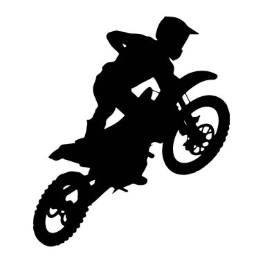 Siyah bir siluet, motosiklet üstünde zıplayan bir motosikletçiyi havada resmediyor. Sürücü koruyucu giysiler giyiyor, miğfer de dahil ve viraja doğru eğiliyor. Motosikletin tekerlekleri, süspansiyon ve çerçeve ile birlikte görünür.. 