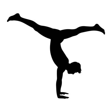 Siyah bir siluet, bacaklarını ayırarak amuda kalkıyor. Şekil ellerinin üzerinde dengelenmiş, bir kolu bükülmüş ve diğeri uzamış, vücutlarını destekliyor. Bacakları ayrık, bir bacakları açık.