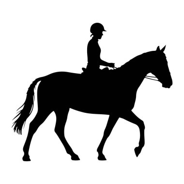 Binicilik kaskı takan birinin siyah silueti bir atın üzerinde oturmaktadır. At hareketli tasvir edilir, bacakları orta basamaktadır. Sürücü dizginleri tutar ve atın görünür bir yelesi ve kuyruğu vardır. Görüntü beyaz bir sırtgeçitte izole edilmiş.