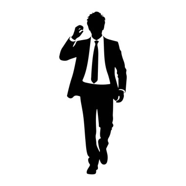 Takım elbiseli ve kravatlı bir adamın siyah silueti beyaz bir arkaplanda ileri doğru yürürken resmedilir. Adamın sağ eli başının yanında ve sol kolu hafifçe geriye doğru uzanıyor. Siluet detaylı, S 'nin şeklini gösteriyor.