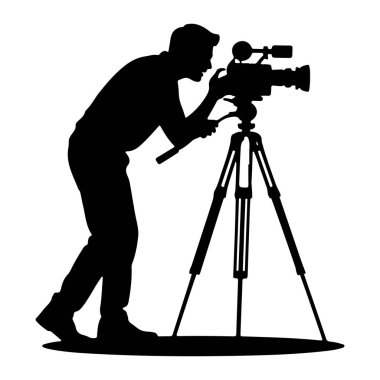 Bir tripoda monte edilmiş profesyonel bir kamera kullanan birinin siyah silueti. Kameraman öne eğiliyor, ekran bulucudan bakıyor ve kamerayı ayarlıyor. Resim, beyaz arkaplanı olan basit bir grafik çizimi..