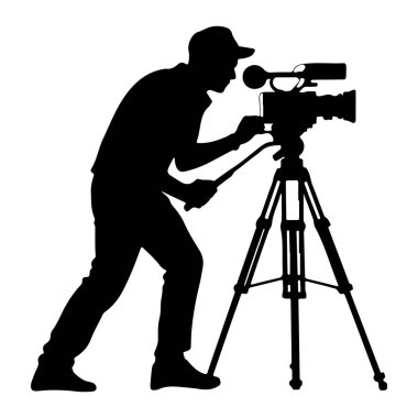Şapka takan bir kişinin siyah silueti, tripoda monte edilmiş profesyonel bir video kamera ile gösteriliyor. Kameraman kameranın solunda, öne eğiliyor ve bir kontrol çubuğu tutuyor, filin işlem sürecinde gibi görünüyor.