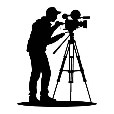 Şapka ve ceket giyen birinin siyah silueti tripoda monte edilmiş klasik bir film kamerası kullanıyor. Kişi kamerayı tutuyor ve ayarlıyor gibi görünüyor. Sahne beyaz bir arkaplanda, koyu oval çizgiler ile tasvir ediliyor.