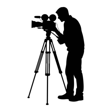 Bir tripoda monte edilmiş klasik bir kamera kullanan siyah bir siluet. Kameraman kameraya odaklanmış, ayarlarını ayarlıyor. Resim beyaz bir arkaplanda izole edilmiştir.