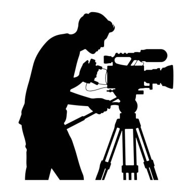 Bir tripoda monte edilmiş profesyonel bir kamera kullanan birinin siyah silueti. Kameraman ekrandan bakıyor ve kamerayı ayarlamak için bir kol tutuyor. Arkaplan beyaz.