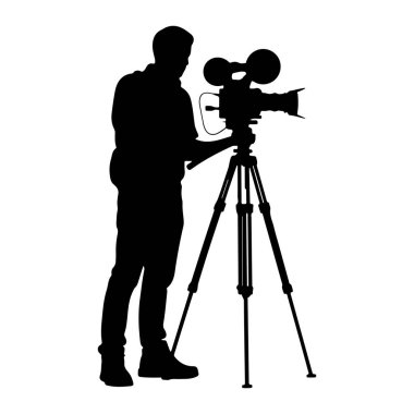 Bir adamın siyah silueti tripoda monte edilmiş klasik bir film kamerasının yanında duruyor. Adam kameraya bakıyor ve onu çalıştırıyor gibi görünüyor. Arkaplan düz beyaz.