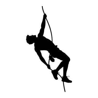 İpe tırmanan siyah bir siluet. Kişi çapraz pozisyondadır, gövdesi açılıdır ve uzuvları yükselirken açılıdır. Kolları ipi kavrıyor, ve bacakları bükük, bir ayağı ipe bağlı. Şey...