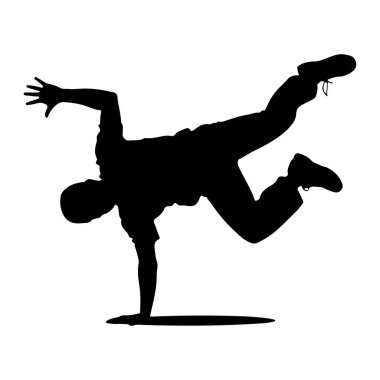 Düz beyaz bir arkaplana karşı dinamik bir break dans hareketi yapan siyah bir siluet. Dansçı bir elinde dengede durur, bir bacağı yukarı doğru uzanır ve diğer bacağı bükülür. Duruşu enerjik, atletik, gösterişli ve esnek.