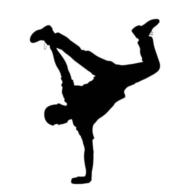 Beyaz bir arkaplana karşı dinamik bir break dans hareketi yapan siyah bir siluet. Dansçı bir elinde bacaklarını zıt yönlere uzatarak dengede duruyor, atletizm ve esneklik gösteriyor. Poz çok enerjik ve c