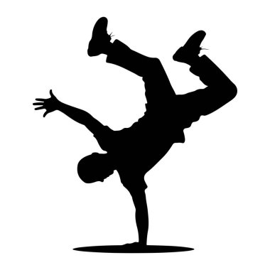 Dinamik amuda kalkarken siyah bir siluet. Şekil bir elde dengelenmiş, bacakları yukarı ve dışarı doğru uzanmıştır. Vücut açılı, esneklik ve atletik maharet gösteriyor. Siluet bir ovaya karşı izole edilmiş.