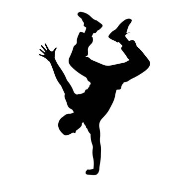 Dinamik bir break dans hareketi yapan siyah bir siluet. Bireyin bir kolu vücudunu desteklerken diğer kolu da açık bir şekilde yukarı doğru uzanmış bir şekilde amuda kalkma pozisyonu vardır. Bacakları bükülür ve havaya kalkar.