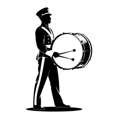Dekoratif unsurları olan bir kep ve ceket de dahil olmak üzere resmi üniformalı bir kişinin siyah silueti büyük bir bas davul tutuyor. Davulcu profil ile tasvir ediliyor, sağa bakıyor, davula vurmaya hazır bagetlerle. Üniforma.