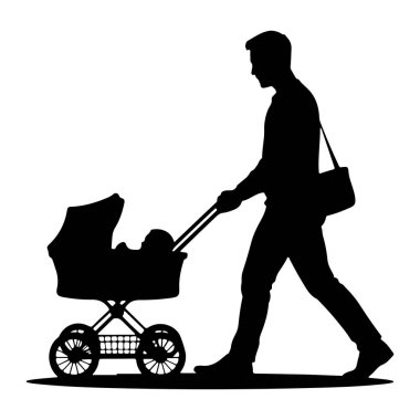 Yürüyen ve bebek arabasını iten bir adamın siyah silüeti. Adam pantolon ve tişört giyiyor, omzunda da bir çanta var. Bebek arabasının tepe örtüsü ve dekoratif tekerlekleri var. Görüntü, beyazı olan basit ve temiz bir grafik çizimi.
