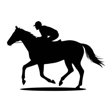 Beyaz arka planda dörtnala giden bir ata binen siyah bir jokey silueti. Jokey bir kask takıyor ve ata binerken öne doğru eğiliyor. At hareket halinde koşuyor. Atın yelesi ve kuyruğu var.
