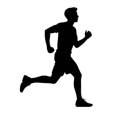 Beyaz bir arka planda orta basamakta koşan siyah bir erkek silueti. Koşucu profilden tasvir edilir, kolları bükülmüş ve hareket halindedir, ve bacakları sanki hızla koşar gibi açılır. Spor şortu ve tişörtü ve ayakkabısı var.