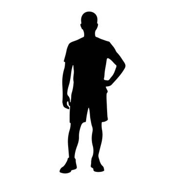 Bir erkek figürünün tüm vücudu siyah bir silueti düz beyaz bir arkaplanda duruyor. O bir tişört ve şort giyiyor, bir eli kalçasında dinleniyor. Duruşu rahat ve kendinden emin..