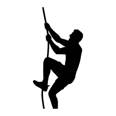 Bir adamın siyah silueti dikey bir ipe tırmanırken resmedilir. Vücudu açılı, bir bacağı bükük ve yukarı, diğeri de aşağıya doğru uzanıyor. Kolları ipi tutuyor, yukarı doğru çekiyor. Siluet, beyaz bir gerzeğe karşı katıdır.