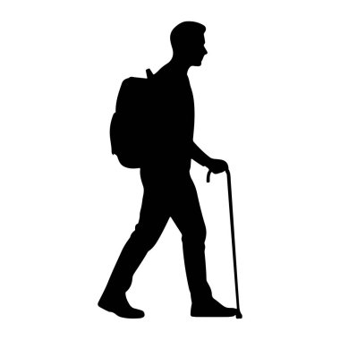 Soldan sağa doğru yürüyen siyah bir siluet. Sırt çantası takıyor ve sağ elinde baston tutuyor. Arkaplan düz beyaz.