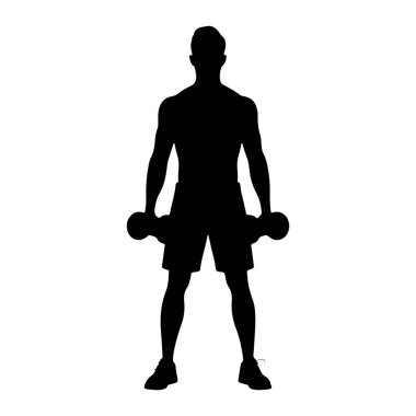 Kaslı bir adamın siyah silueti kolları aşağı doğru uzanmış, her iki elinde de bir dambıl tutuyordu. O şort ve spor ayakkabıları giyiyor. Arkaplan düz beyaz.