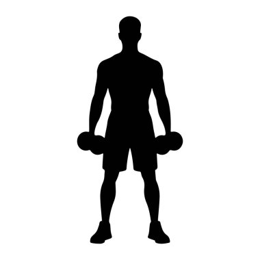 Ayakta duran ve iki dambılı tutan bir adamın siyah silüeti. O şort ve spor ayakkabıları giyiyor. Arkaplan beyaz.