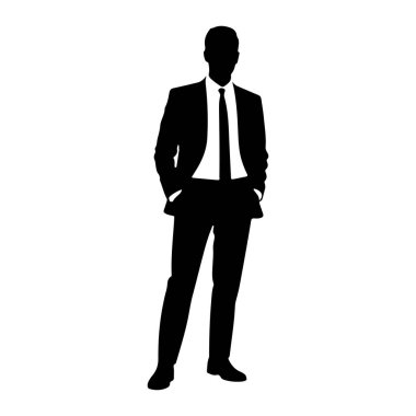 Elleri cebinde duran siyah bir adam silueti. Takım elbise, gömlek ve kravat giyiyor. Arkaplan beyaz.