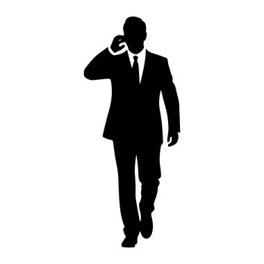 Takım elbise ve kravat takan bir adamın siyah silueti, yürürken ve kulağına bir telefon tutarken resmedilir. Arkaplan düz beyaz.