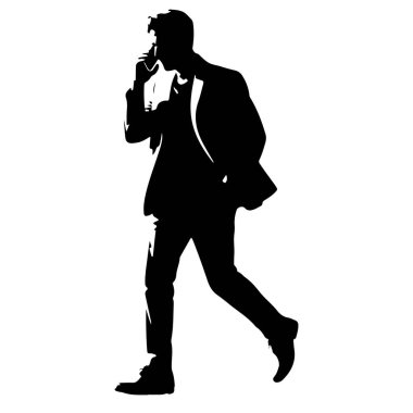 Takım elbiseli bir adamın siyah bir silueti cep telefonuyla yürüyor ve konuşuyor. Sol eli telefonu kulağına dayıyor ve sağ eli de cebinde. Görüntü, beyaz arkaplana karşı katıksız siyah beyaz bir illüstrasyondur..