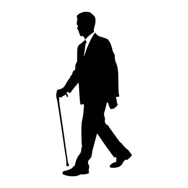Takım elbiseli ve kravatlı bir adamın siyah silueti soldan sağa yürürken resmedilir. O, sol elinde bir baston tutuyor, ucu yerde dinleniyor. Adam resmi ayakkabılar giyiyor ve duruşuna bakılırsa sağlam adımlar atıyor. Arkaplan 