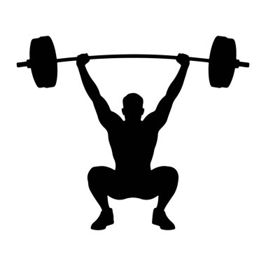 Kaslı bir adamın siyah silueti, geniş kolları olan bir halteri yukarıda tutan, derin bir çömelme pozisyonunda tasvir edilir. Halterin iki ucunda da ağırlık var. Şekil beyaz bir arkaplanda izole edilmiştir..