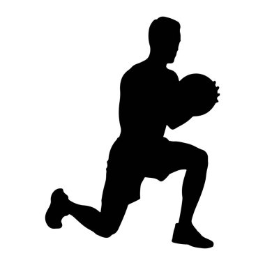 Siyah bir siluet. Hamle pozisyonunda bir adam. Göğsünün önünde bir tıp topu tutuyor. Sol bacağı öne ve dizinde bükülmüş, sağ bacağı ise yere yakın bir şekilde geriye doğru uzanıyor. Adam atletik şort giyiyor.