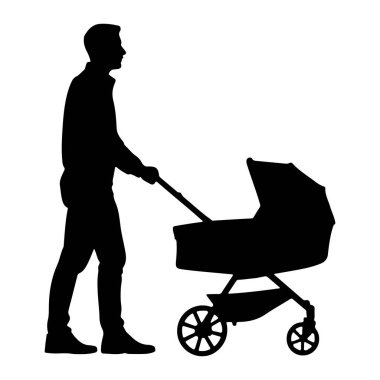 Yandan siyah siluet bir adam görülüyor, yürüyor ve bebek arabasını itiyor. Adam gündelik giysiler giyiyor ve yoluna devam ediyor gibi görünüyor. Bebek arabasının bir cibinliği ve tekerlekleri var. Bu da bebeğin taşınması için tasarlandığını gösteriyor.. 