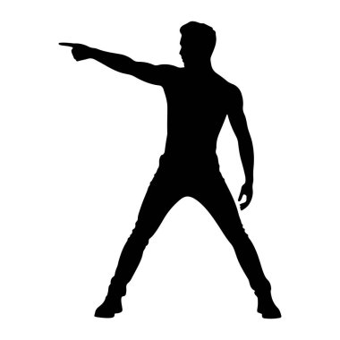 Siyah bir siluet, bacakları açık duran ve işaret parmağını sola doğru gösteren bir adam. Günlük giysiler giyiyor, tişört ve kot pantolon gibi görünüyor. Arka plan düz beyaz, figürü izole ediyor ve jesti vurguluyor..