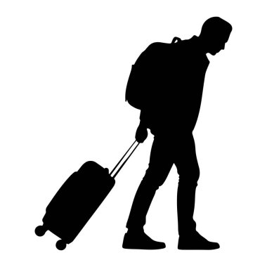 Tekerlekli bavulu uzun bir sapla çekerken yürüyen siyah bir siluet. O da bir sırt çantası takıyor. Şekil, düz beyaz bir arkaplana karşı tasvir edilir.